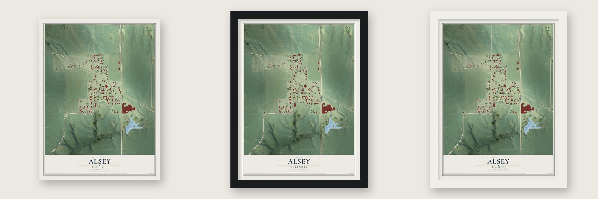 Alsey, Illinois map unframed, in a black wood frame and in a white wood frame