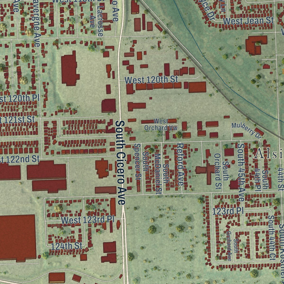 Second close-up of the map of Alsip, Illinois print showing more streets and buildings