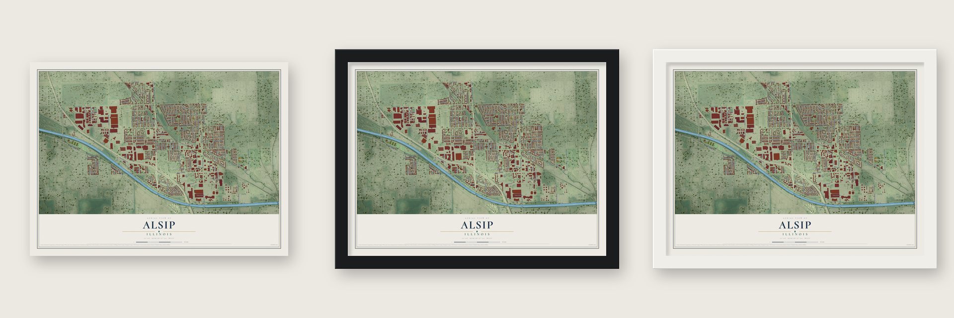 Alsip, Illinois map unframed, in a black wood frame and in a white wood frame