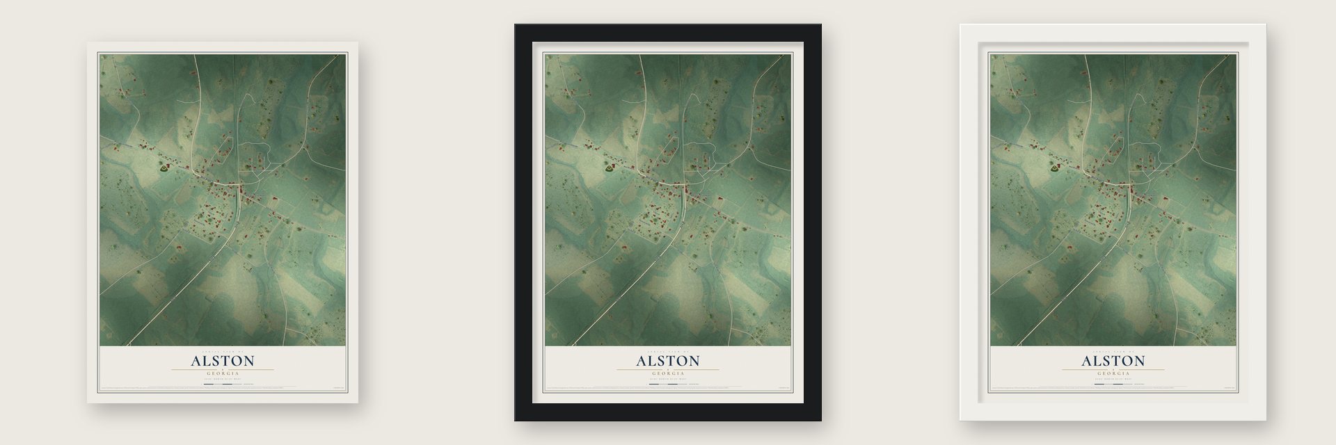 Alston, Georgia map unframed, in a black wood frame and in a white wood frame