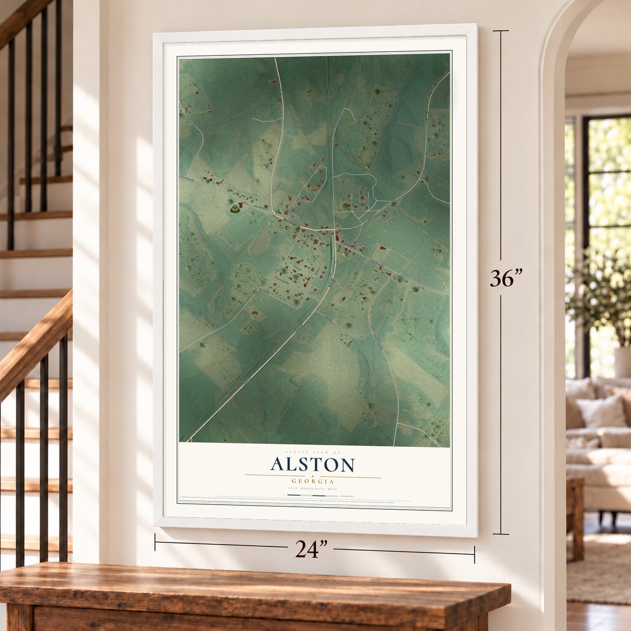 Alston, Georgia map, 24 x 36 inch print in a white frame by a staircase