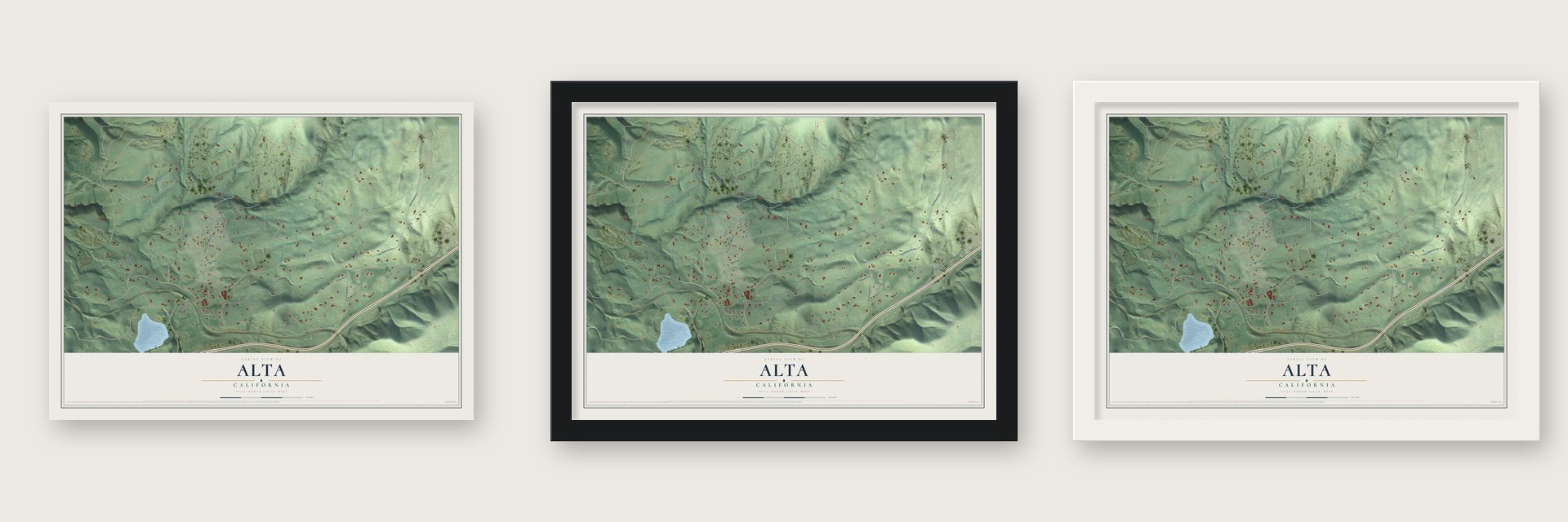 Alta, California map unframed, in a black wood frame and in a white wood frame