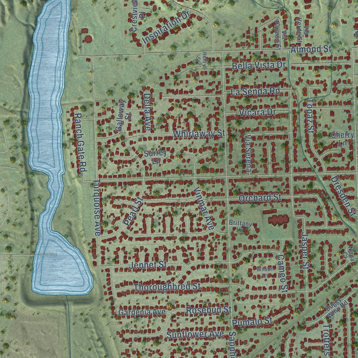 Second close-up of the map of Alta Loma, California print showing more streets and buildings