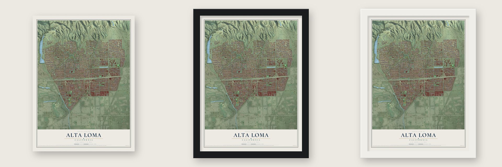 Alta Loma, California map unframed, in a black wood frame and in a white wood frame