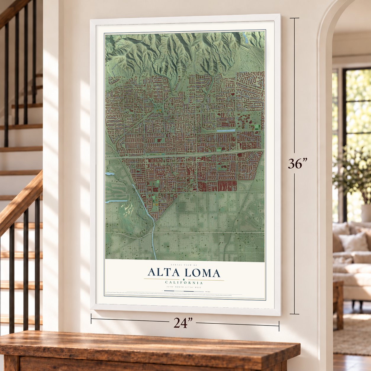 Alta Loma, California map, 24 x 36 inch print in a white frame by a staircase