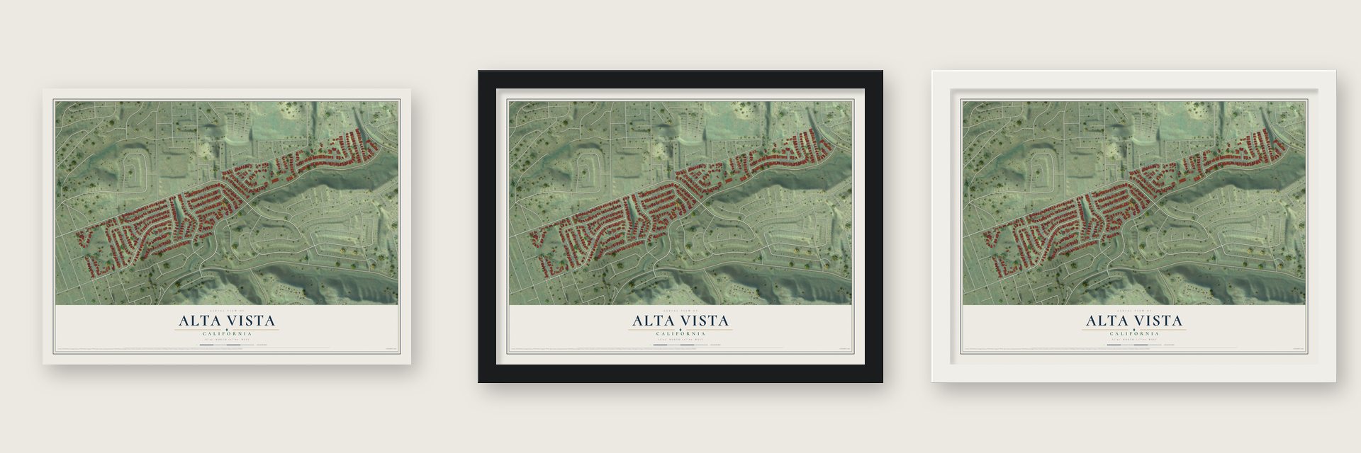Alta Vista, California map unframed, in a black wood frame and in a white wood frame
