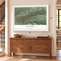 Alta Vista, California map, 24 x 36 inch print in a white frame above a dresser by a staircase