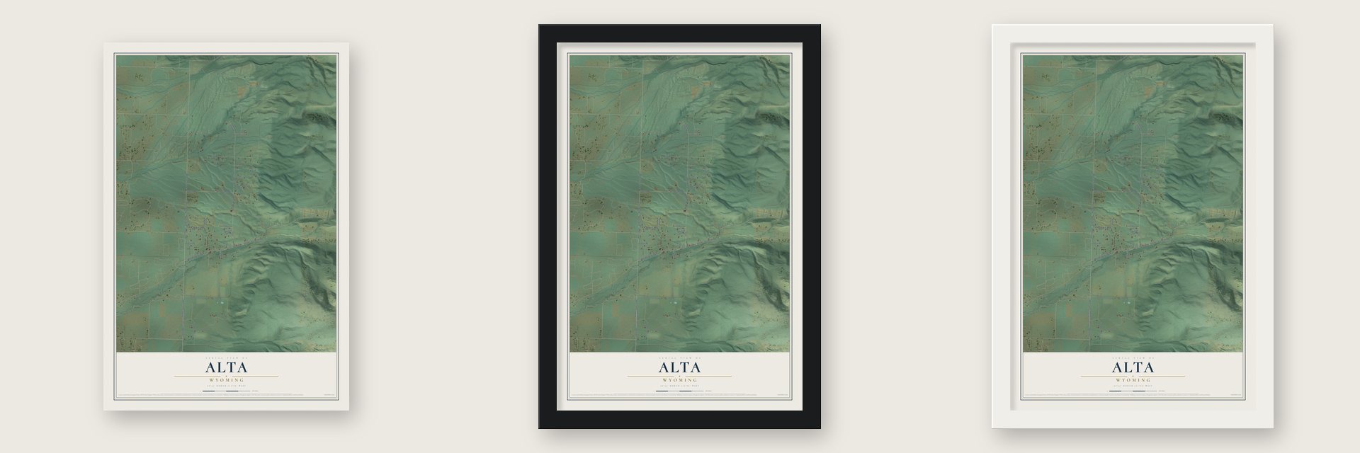 Alta, Wyoming map unframed, in a black wood frame and in a white wood frame