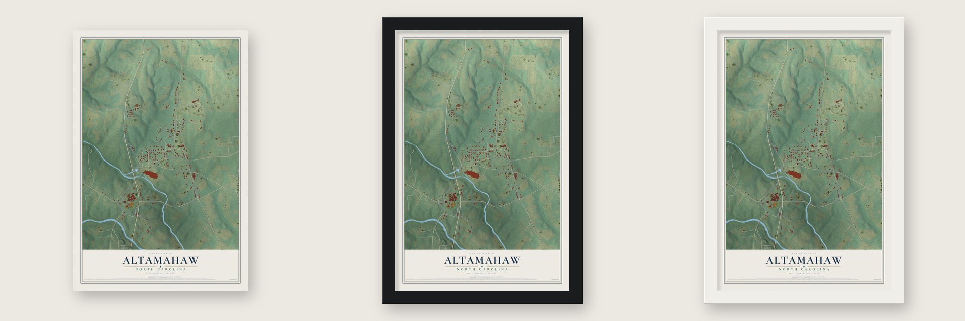 Altamahaw, North Carolina map unframed, in a black wood frame and in a white wood frame