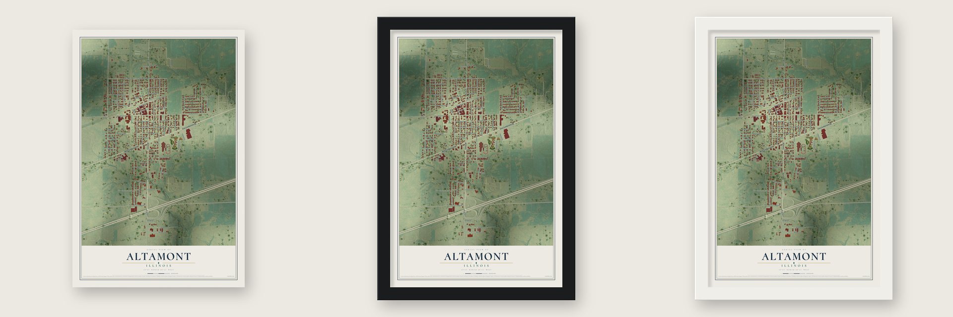 Altamont, Illinois map unframed, in a black wood frame and in a white wood frame