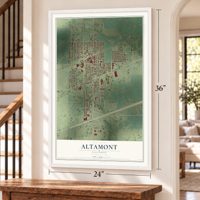 Altamont, Illinois map, 24 x 36 inch print in a white frame by a staircase