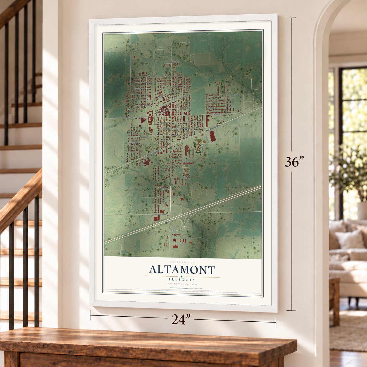 Altamont, Illinois map, 24 x 36 inch print in a white frame by a staircase