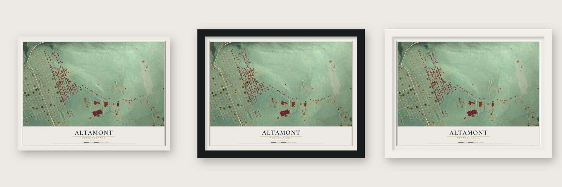 Altamont, Pennsylvania map unframed, in a black wood frame and in a white wood frame