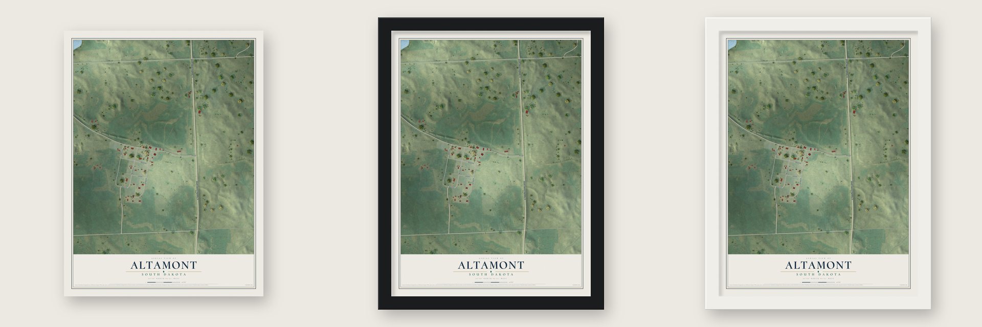 Altamont, South Dakota map unframed, in a black wood frame and in a white wood frame