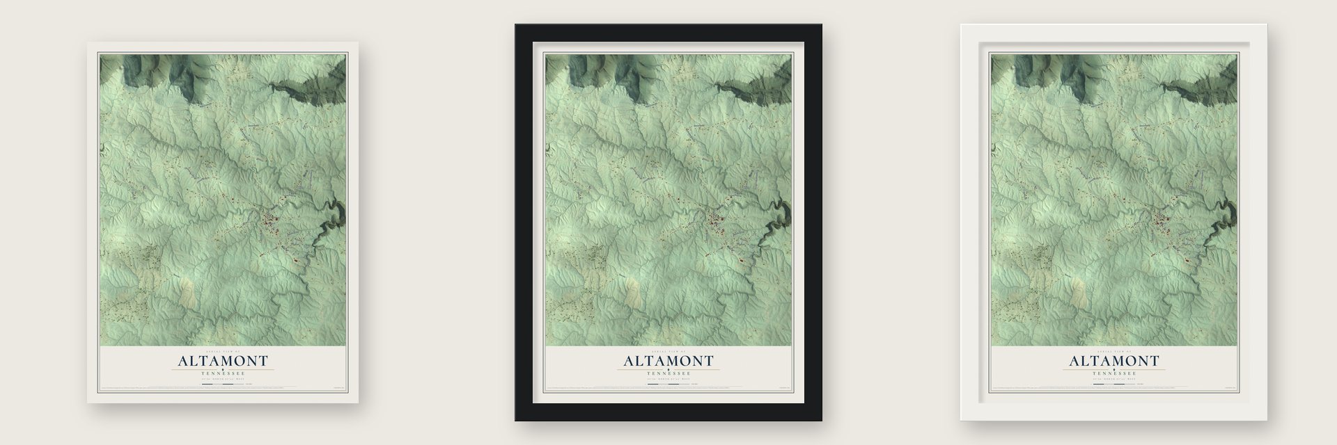 Altamont, Tennessee map unframed, in a black wood frame and in a white wood frame