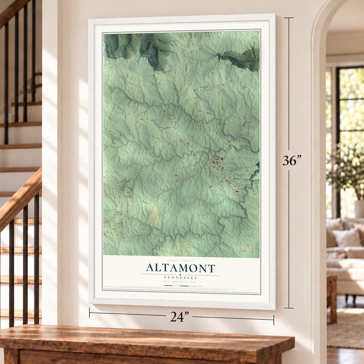 Altamont, Tennessee map, 24 x 36 inch print in a white frame by a staircase