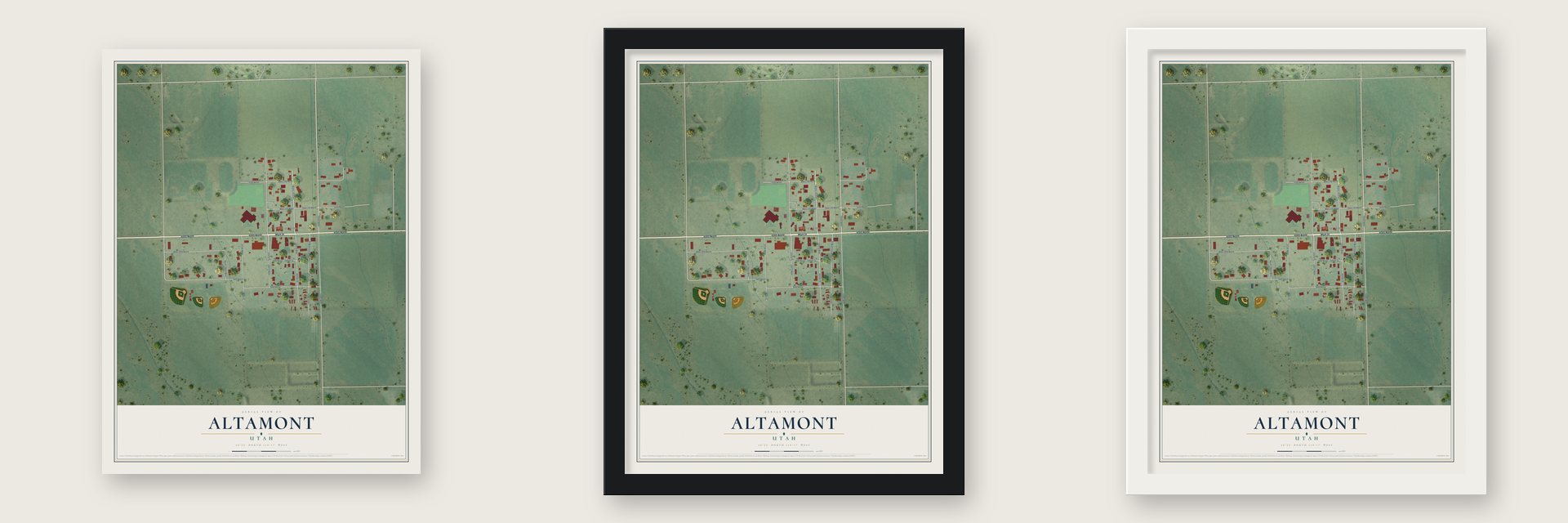 Altamont, Utah map unframed, in a black wood frame and in a white wood frame