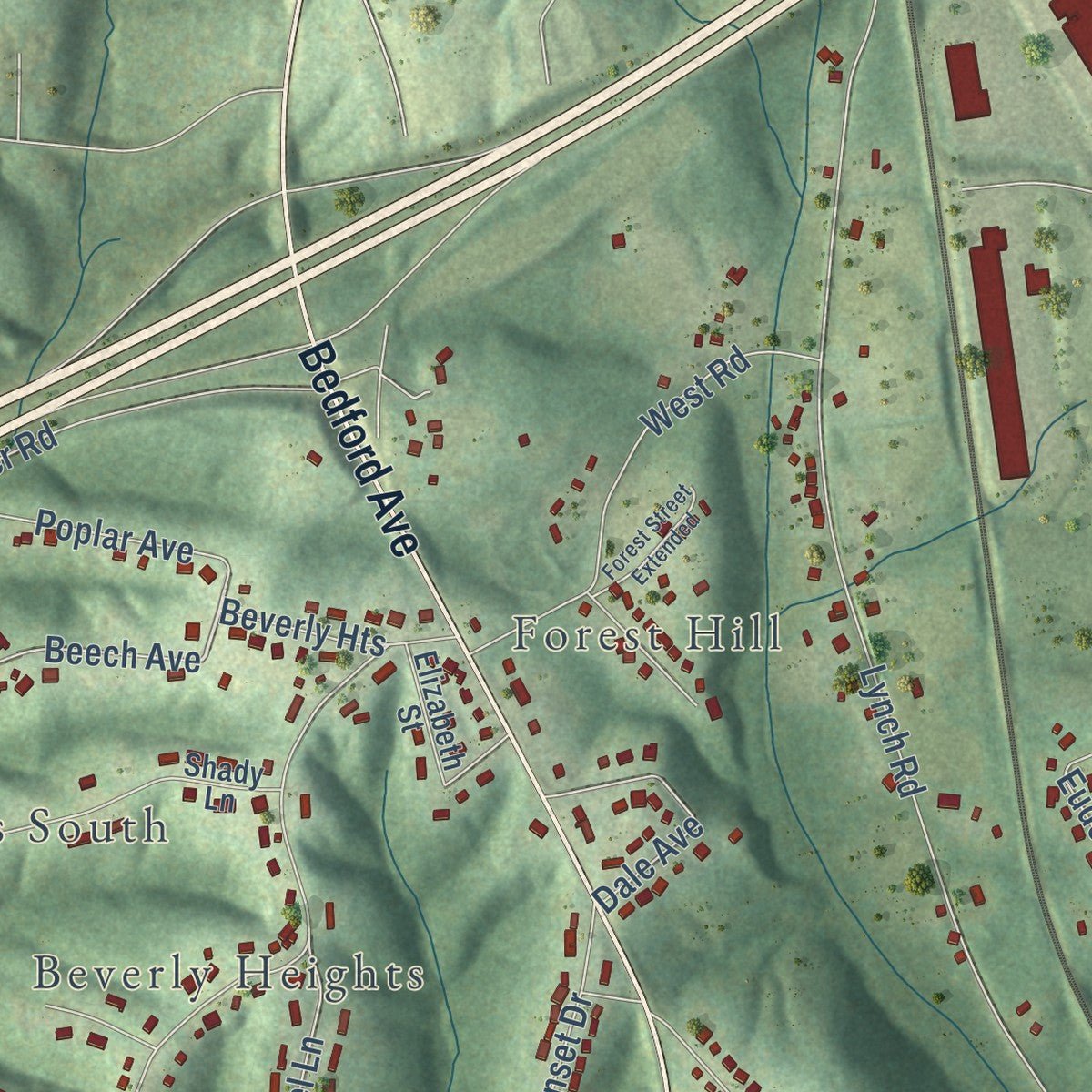 Second close-up of the map of Altavista, Virginia print showing more streets and buildings