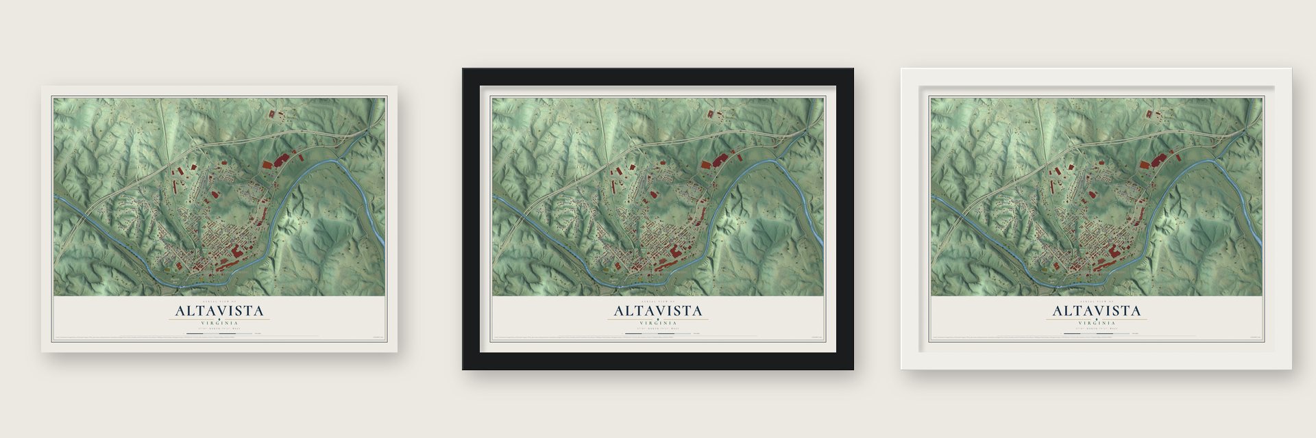 Altavista, Virginia map unframed, in a black wood frame and in a white wood frame