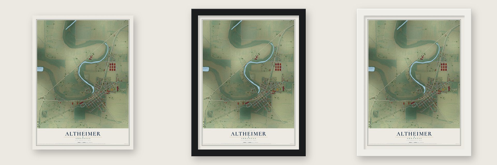 Altheimer, Arkansas map unframed, in a black wood frame and in a white wood frame