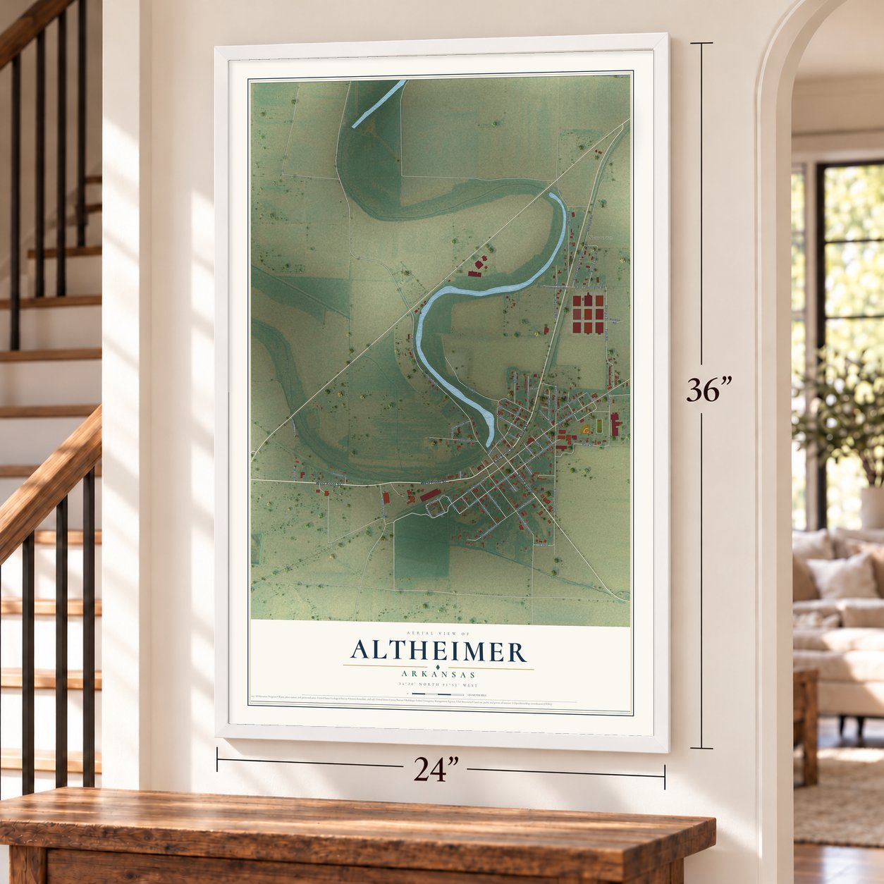 Altheimer, Arkansas map, 24 x 36 inch print in a white frame by a staircase