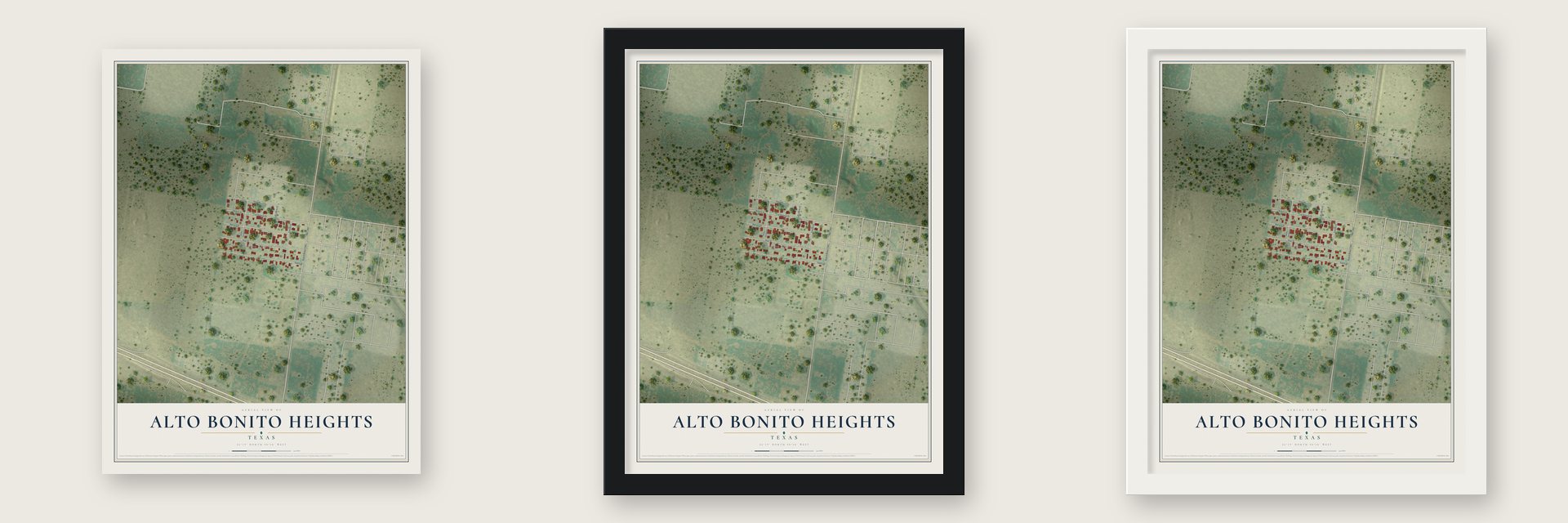 Alto Bonito Heights, Texas map unframed, in a black wood frame and in a white wood frame