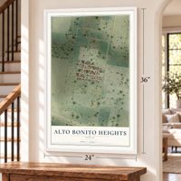 Alto Bonito Heights, Texas map, 24 x 36 inch print in a white frame by a staircase