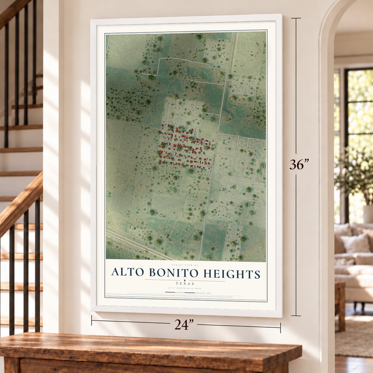 Alto Bonito Heights, Texas map, 24 x 36 inch print in a white frame by a staircase