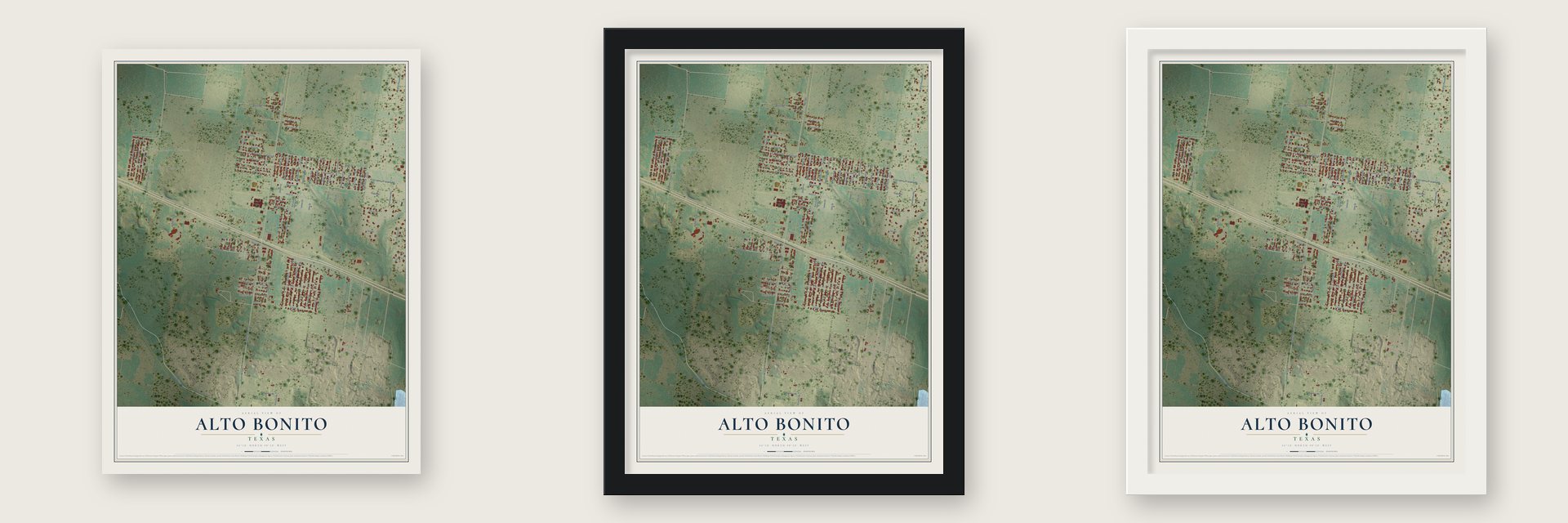 Alto Bonito, Texas map unframed, in a black wood frame and in a white wood frame