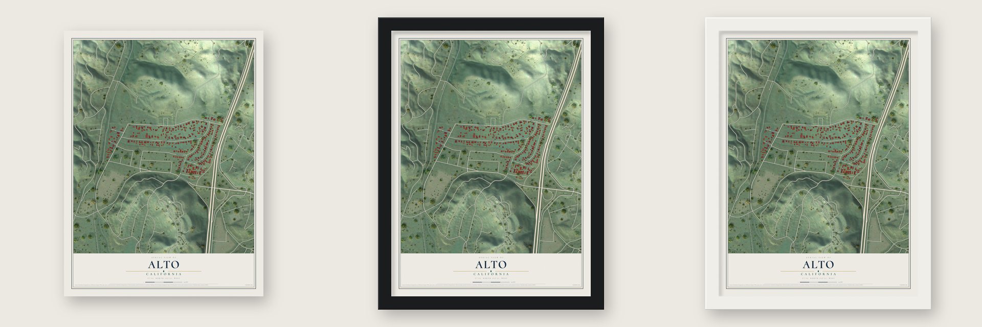Alto, California map unframed, in a black wood frame and in a white wood frame
