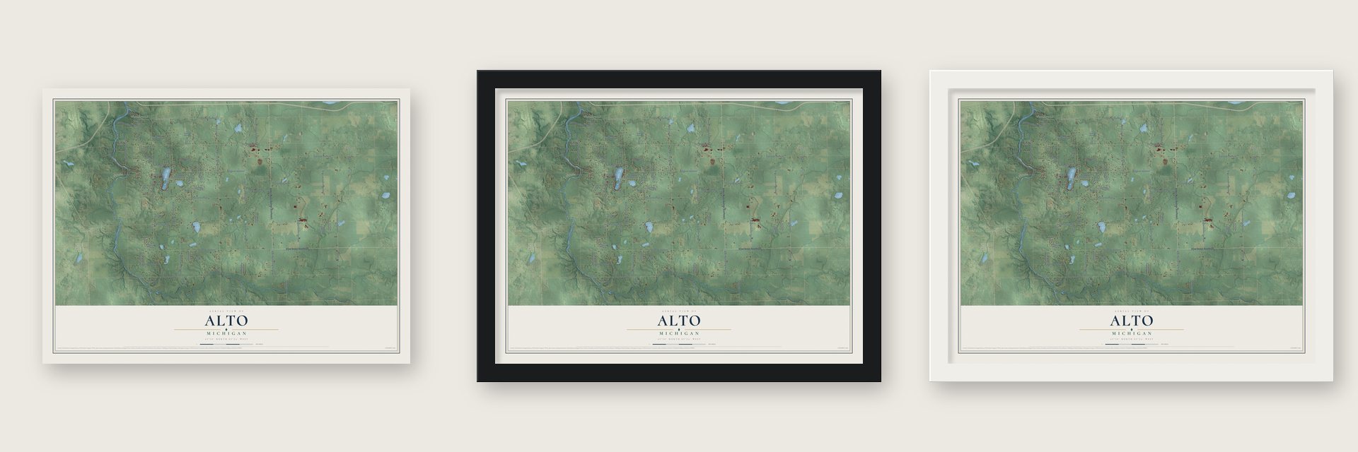 Alto, Michigan map unframed, in a black wood frame and in a white wood frame