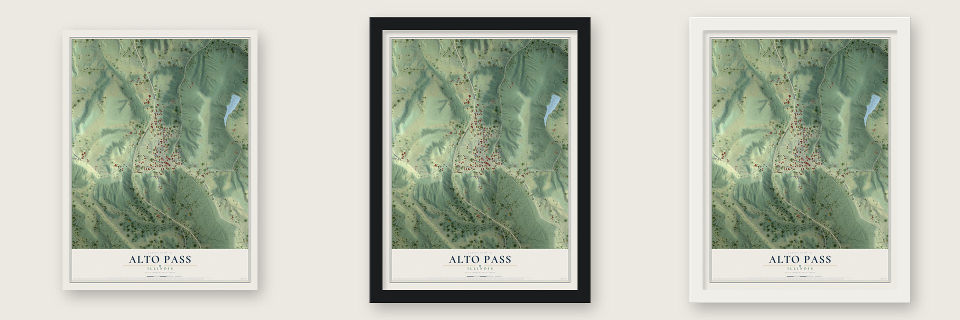 Alto Pass, Illinois map unframed, in a black wood frame and in a white wood frame