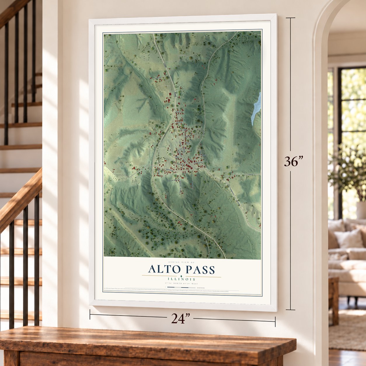 Alto Pass, Illinois map, 24 x 36 inch print in a white frame by a staircase