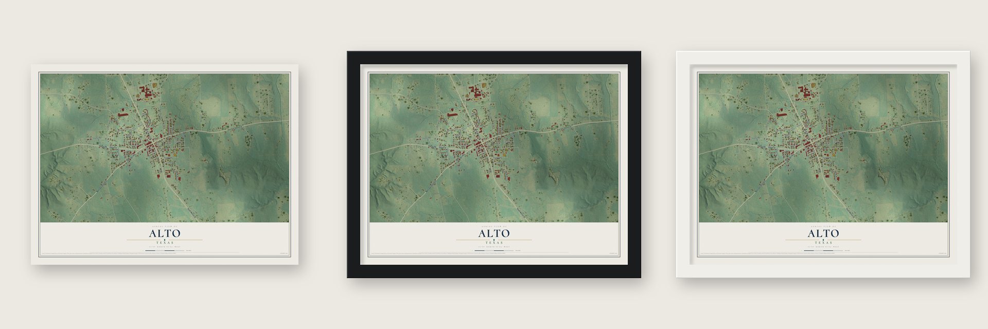Alto, Texas map unframed, in a black wood frame and in a white wood frame