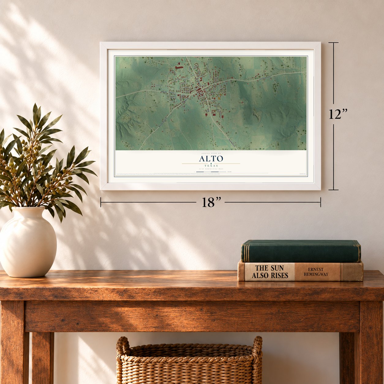 Alto, Texas map, 12 x 18 inch print in a white frame in an entryway