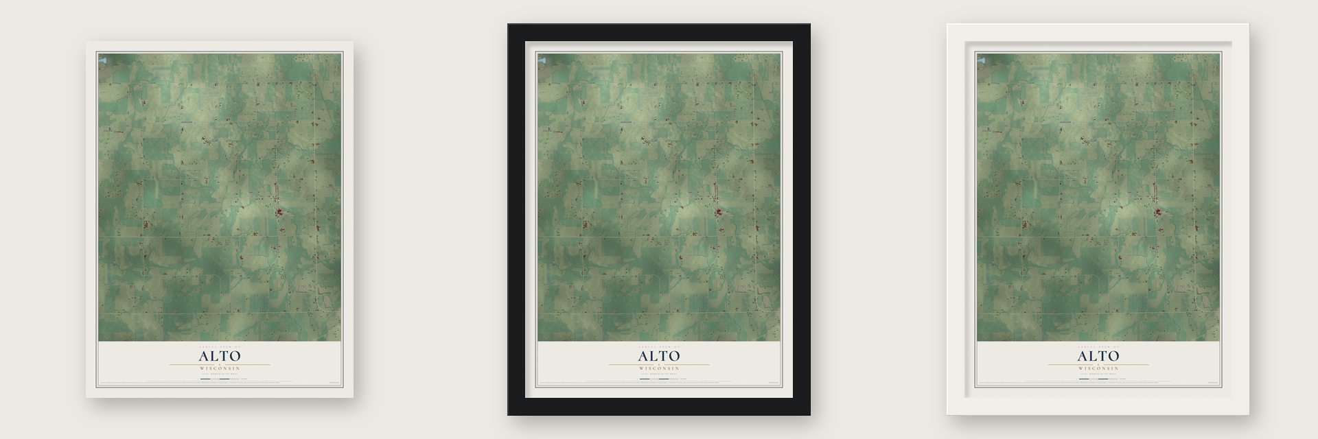 Alto, Wisconsin map unframed, in a black wood frame and in a white wood frame