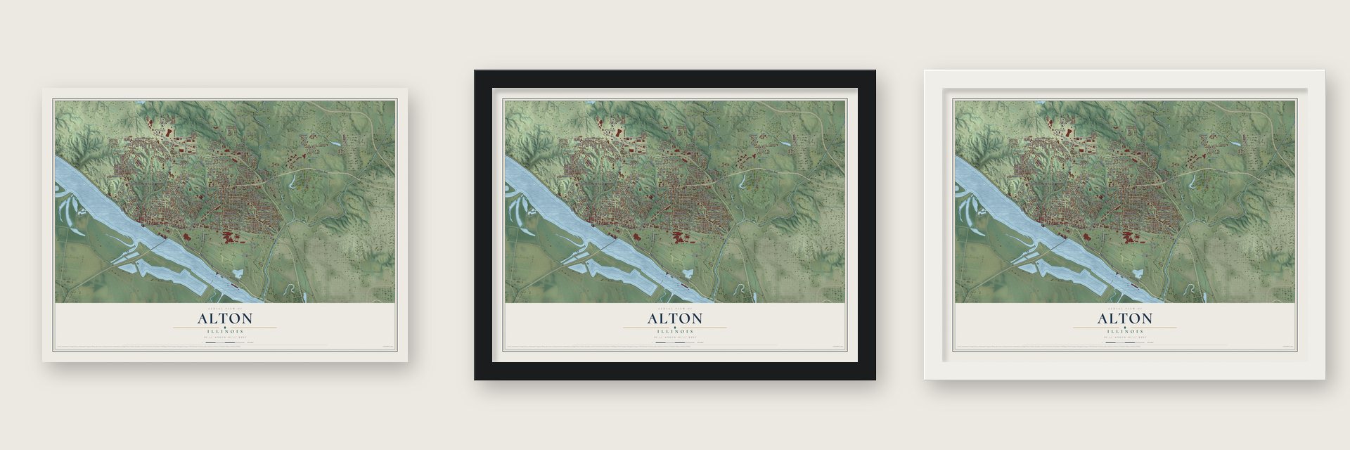 Alton, Illinois map unframed, in a black wood frame and in a white wood frame