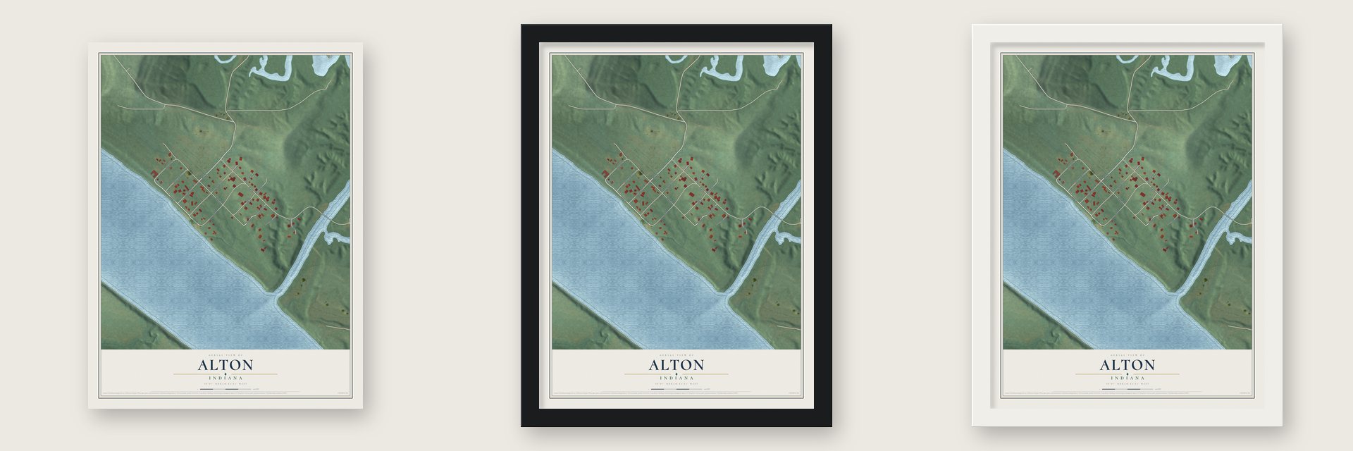 Alton, Indiana map unframed, in a black wood frame and in a white wood frame