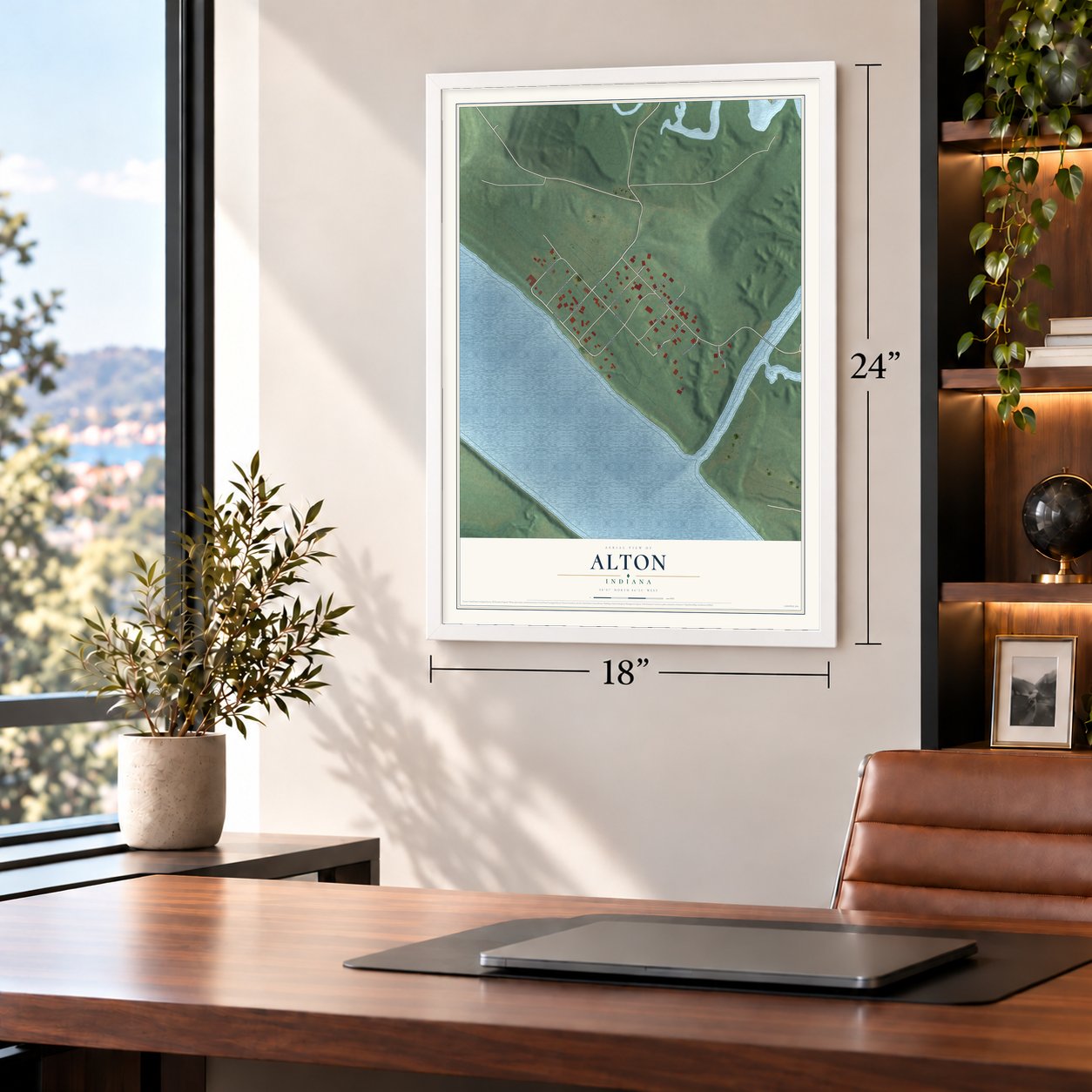 Alton, Indiana map, 18 x 24 inch print in a white frame in a home office