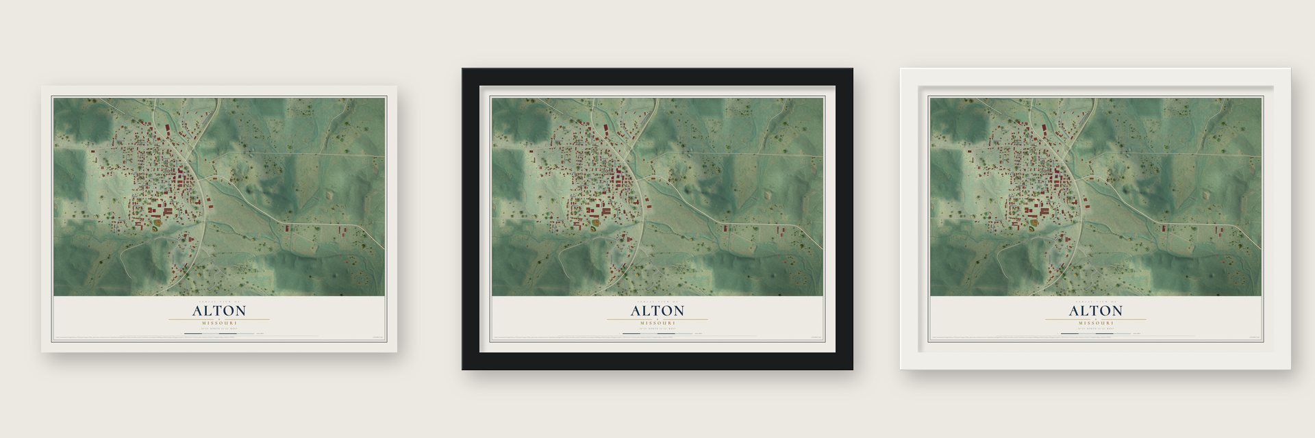 Alton, Missouri map unframed, in a black wood frame and in a white wood frame