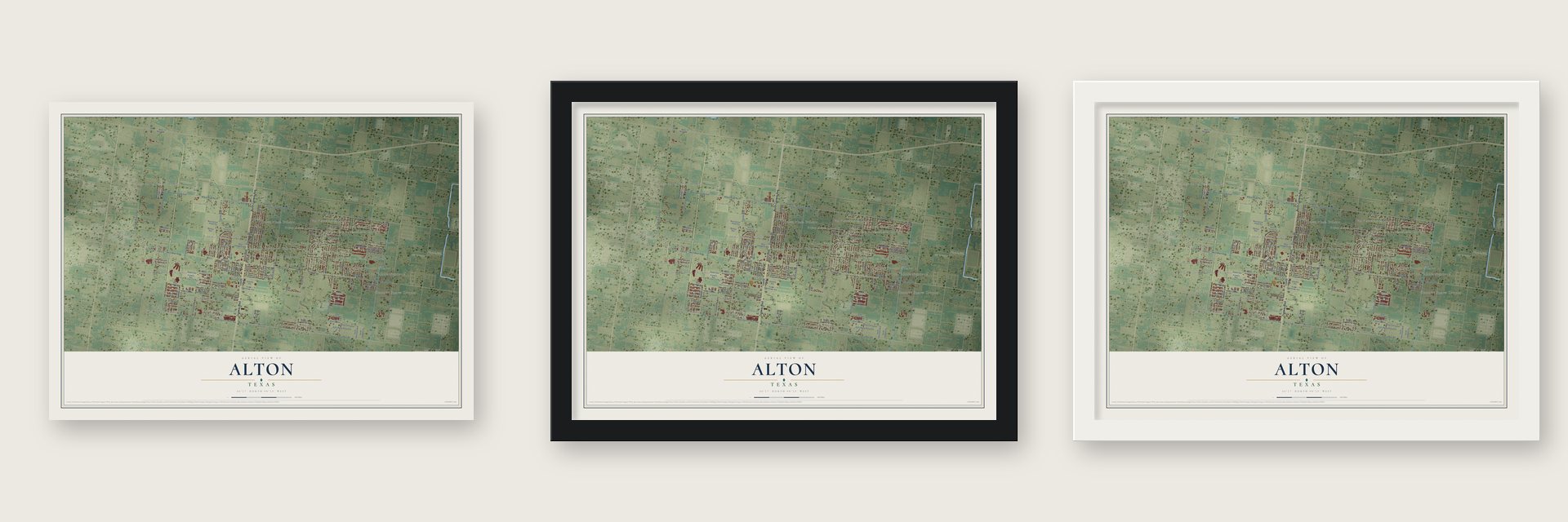 Alton, Texas map unframed, in a black wood frame and in a white wood frame