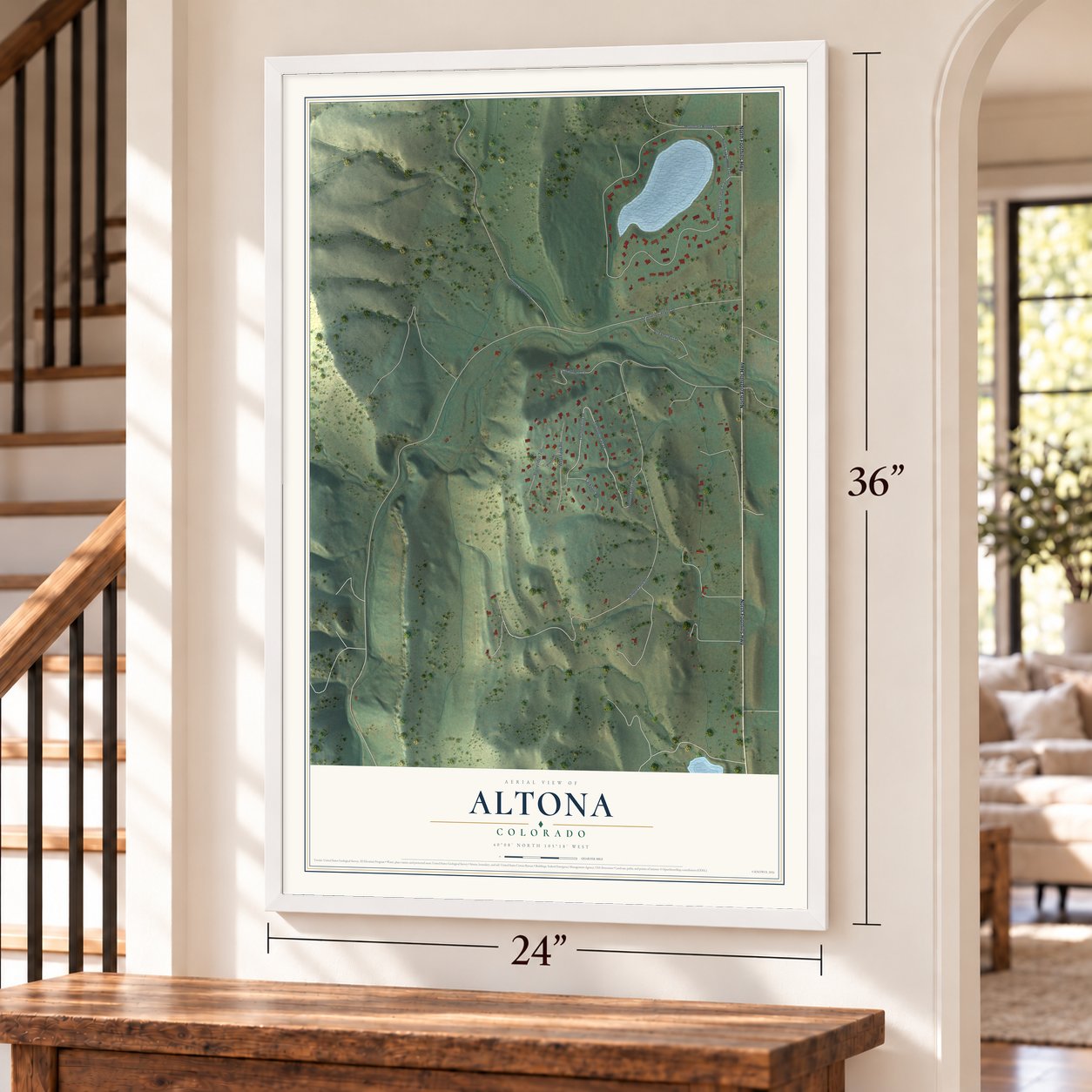 Altona, Colorado map, 24 x 36 inch print in a white frame by a staircase