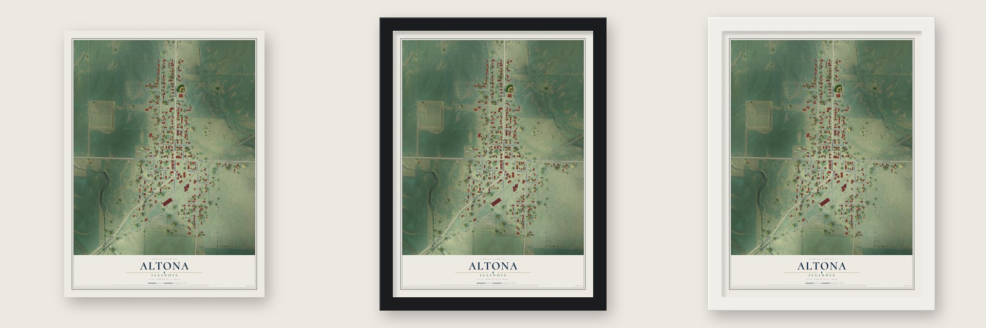 Altona, Illinois map unframed, in a black wood frame and in a white wood frame