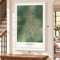 Altona, Illinois map, 24 x 36 inch print in a white frame by a staircase