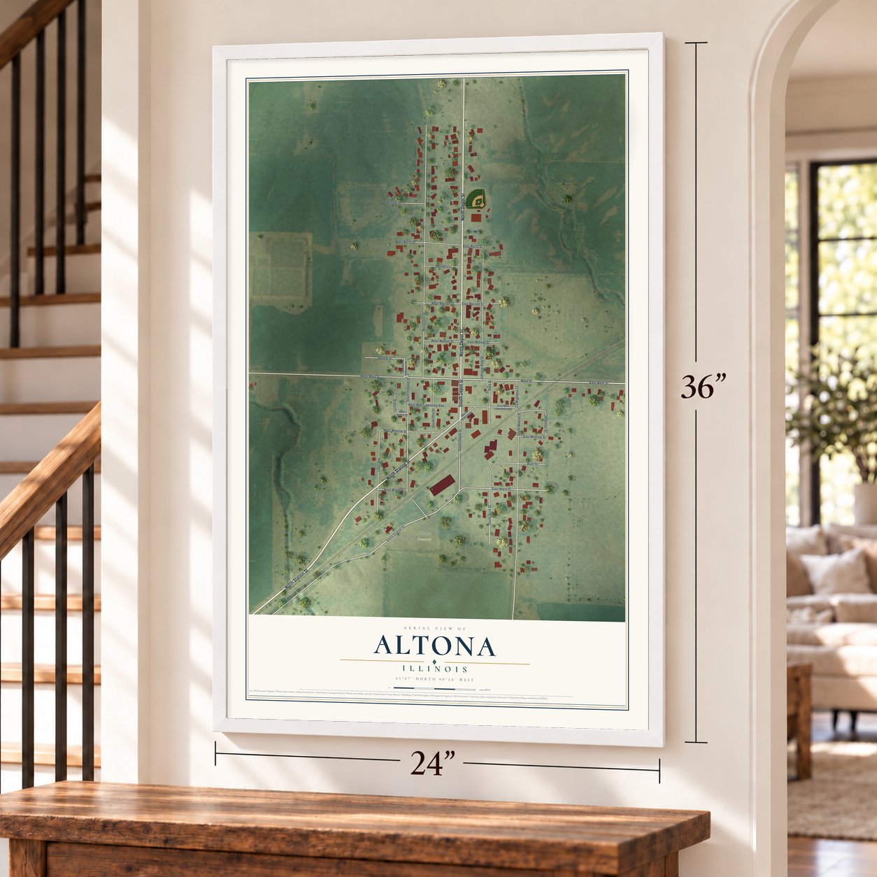 Altona, Illinois map, 24 x 36 inch print in a white frame by a staircase