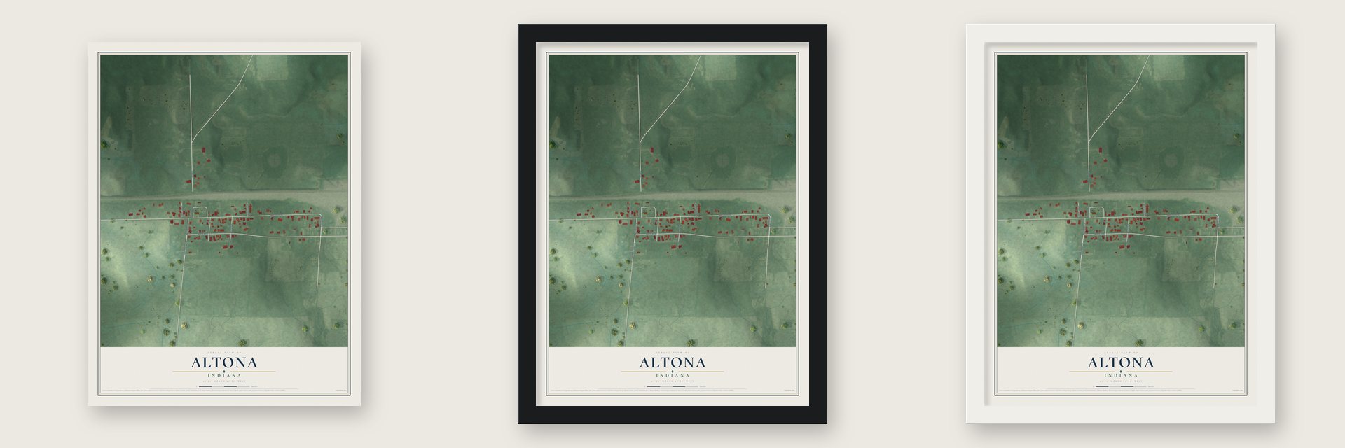 Altona, Indiana map unframed, in a black wood frame and in a white wood frame