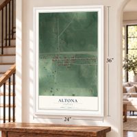 Altona, Indiana map, 24 x 36 inch print in a white frame by a staircase