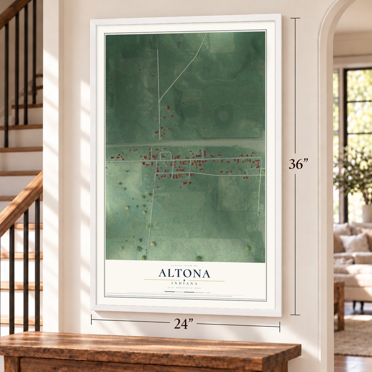 Altona, Indiana map, 24 x 36 inch print in a white frame by a staircase