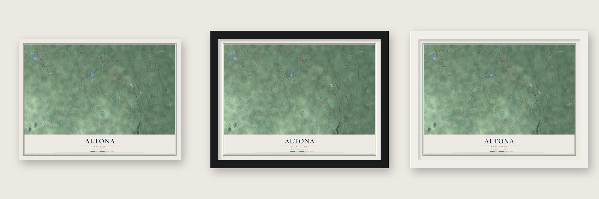 Altona, New York map unframed, in a black wood frame and in a white wood frame