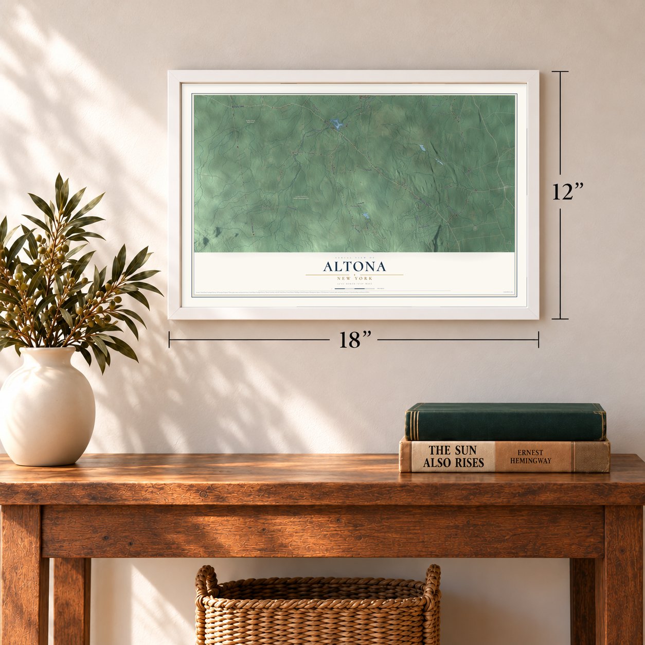 Altona, New York map, 12 x 18 inch print in a white frame in an entryway